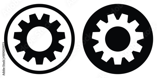 Industrial gear cog icons in solid black and white. Ideal for representing settings, mechanics, engineering, or technical processing. Bold silhouette for website navigation and tools.