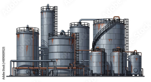 Detailed illustration of a large-scale industrial chemical plant, featuring multiple storage tanks, tall silos, and a complex network of pipes, representing heavy industry and manufacturing processes