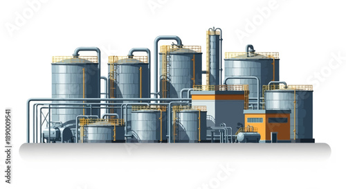Modern industrial complex illustration featuring various storage tanks and intricate piping systems, depicting a large-scale manufacturing or processing plant for energy or chemical production