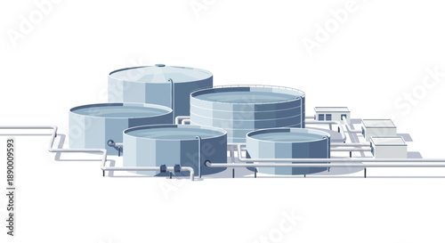Industrial storage tanks with interconnected pipelines on a clean white background, representing a modern liquid or chemical processing facility for various resources