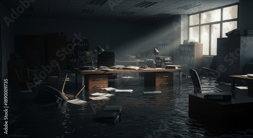 Flooded Office Space with Water Damage.