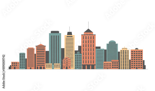Horizontal City Skyline Vector Illustration with Modern Downtown Buildings in Flat Style