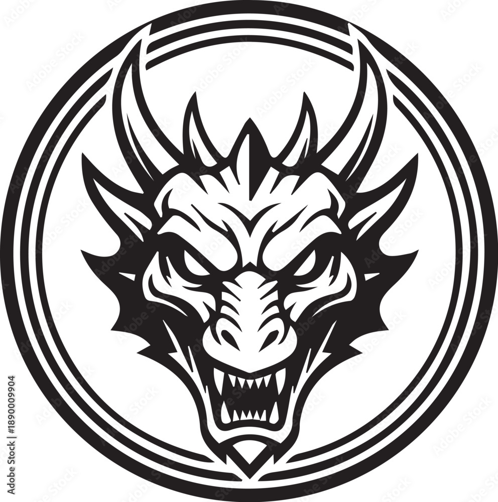 Obraz premium Fierce Dragon Emblem Bold Black and White Circular Logo Featuring a Detailed Dragon Head with Sharp Horns and Menacing Expression 