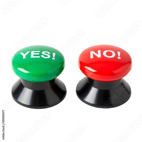 Decision making with green yes and red no choice buttons on white background
