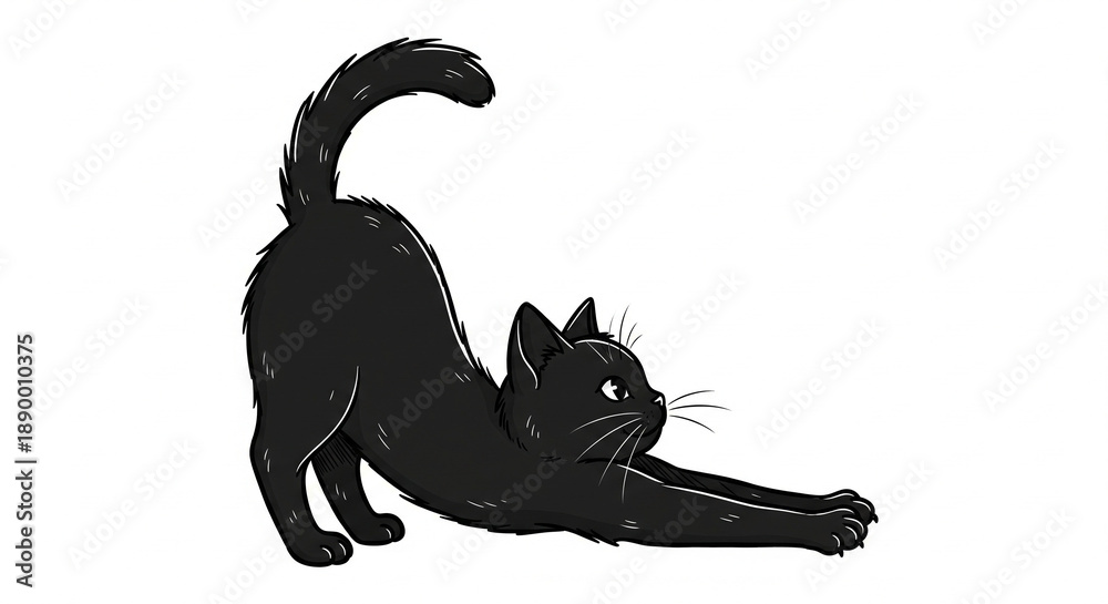 Fototapeta premium Hand drawn stretching black kitten cartoon character vector isolated on white background