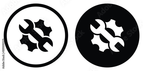 Professional vector icon featuring a wrench and gear. Symbolizes technical support, system settings, maintenance, and repair tools. Clean circular black and white web UI elements.