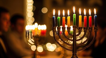 Celebrating hanukkah with a lit menorah in a warmly lit room
