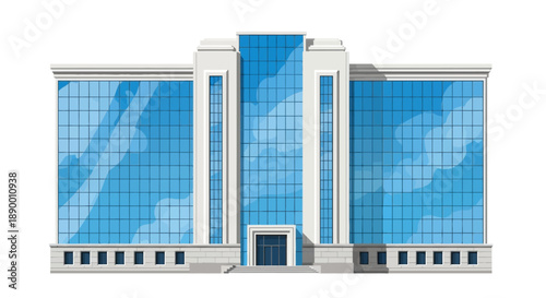 Vibrant vector art of a state-of-the-art business edifice, showcasing contemporary design and reflective surfaces, perfect for representing commerce and financial institutions