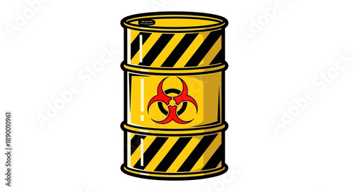 Illustrative graphic of a yellow industrial barrel featuring black and yellow stripes with a prominent red biohazard symbol, representing hazardous waste, chemical danger, and environmental risk