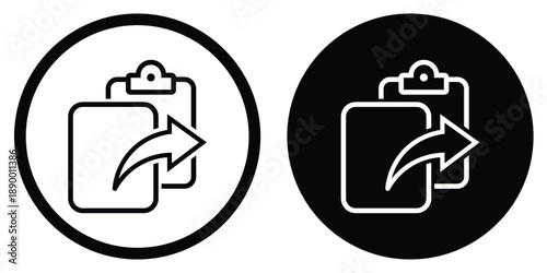 Minimal black and white share icon showing an arrow emerging from a square inside circular shapes. Clean flat design representing sharing, external link, export, redirect, or forward action in digital