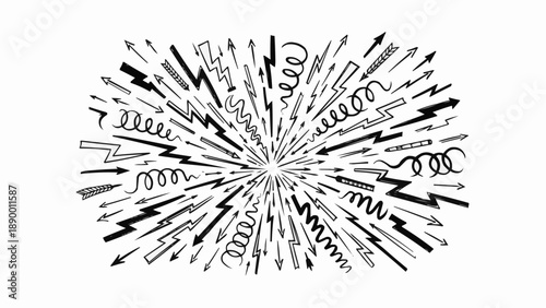 Black and white arrows and lines exploding outward in dynamic motion