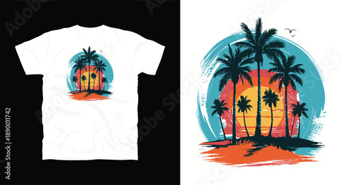 Summer tropical sunset landscape with palm trees and ocean waves in retro brush stroke style