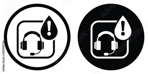 Minimal black and white customer support alert icon showing a headset with microphone and warning symbol inside circular shapes. Clean flat design representing help desk, support notification, service