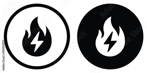 Bold fire flame icon containing a lightning bolt symbol. Represents high energy, fast charging, thermal power, or combustion. Clean circular graphic for energy branding.