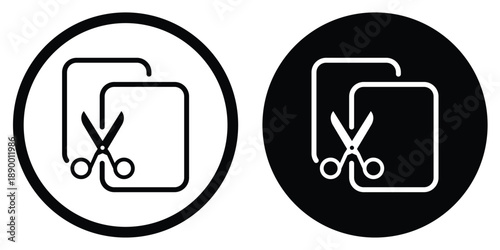 Professional vector icon featuring a pair of scissors cutting through document layers. Symbolizes content editing, page layout tools, clipping, or digital document modification.