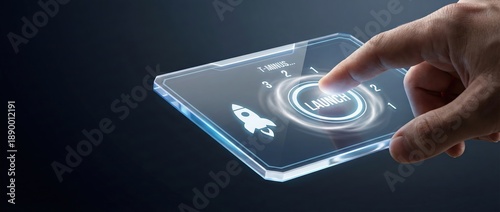 Wallpaper Mural Mans finger pressing LAUNCH button on futuristic digital interface with rocket icon and countdown timer, concept of startup, innovation, and new beginnings Torontodigital.ca