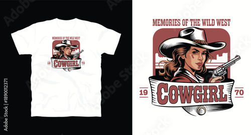 Cowgirl with gun and banner 1970 western vector illustration