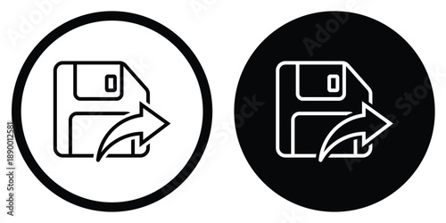 Classic floppy disk icon with an outgoing arrow. Vector symbol for saving data, exporting files, and legacy storage. Professional line art for software menus and cloud backup interfaces.