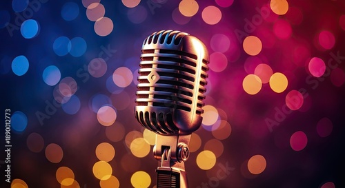 Vintage microphone under colorful stage lights