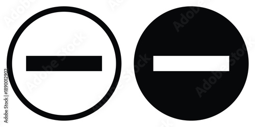 Minus sign vector icon in a circle. Black and white button set for removal, negative action, prohibited access, and basic UI navigation symbols for digital applications.