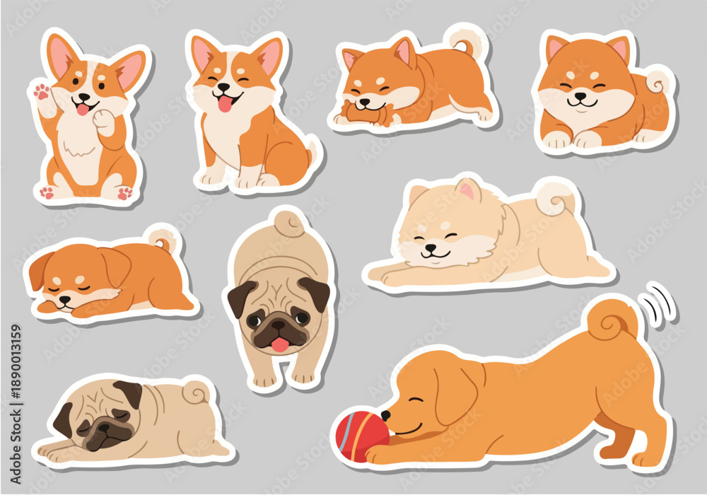 Fototapeta premium Adorable Animals Sticker Pack Featuring Cartoon Dogs and Pugs in Various Playful Poses sticker-pack-6.eps
