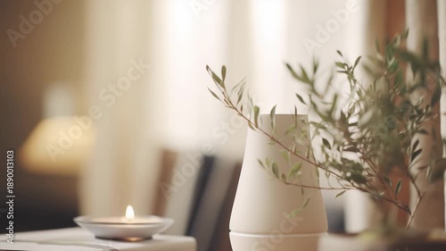 Warm light from a burning candle illuminating a modern vase holding fresh green plant branches while resting on a book on a light surface, creating a peaceful and serene interior setting