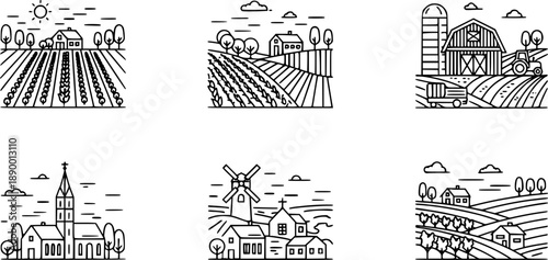 Set of icons Village line landscapes with agricultural field and farm buildings. Linear farming vector concepts
