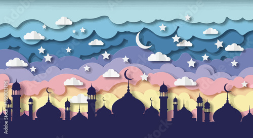 Ornate Islamic pattern with a golden crescent moon and star symbol, featuring intricate geometric designs in blue, green, and yellow hues, reflecting traditional artistry.