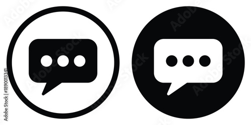 Message chat bubble icon with ellipsis dots. Circular black and white vector set for social media communication, online support, feedback notification, and digital conversation interface.