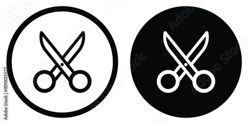 Scissors vector icon for cutting tools and tailoring. Circular black and white symbol for stationery equipment, hair salon grooming, DIY crafts, and creative design editing tools.