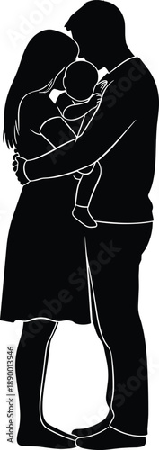 Silhouette of happy parents holding baby together, loving family concept, motherhood fatherhood bonding, black and white vector illustration