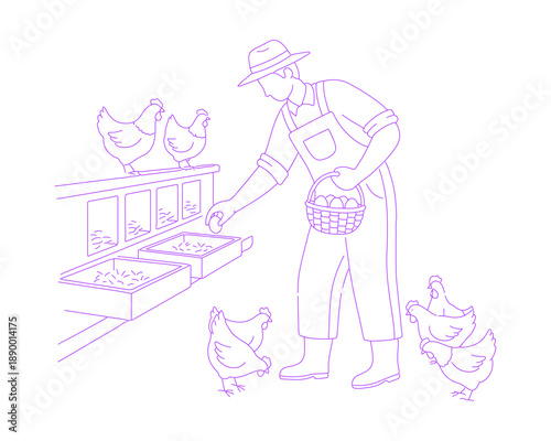 Farmer Collecting Eggs in Chicken Coop Lineart Illustration