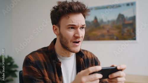 Intense young man playing mobile game on smartphone. Focused gamer with surprised emotion enjoying digital gaming lifestyle and entertainment at home.