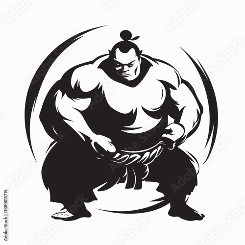 Powerful Sumo Wrestler in Mawashi Stance Topknot Hairstyle Ready to Fight.