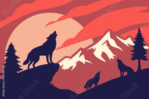 Silhouette of a wolf pack howling at a crimson sunset over snowy mountains