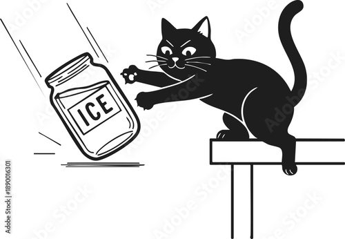Funny black cat knocking glass jar off table