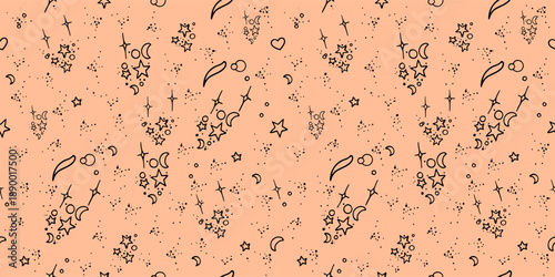 Cute seamless celestial pattern with hand drawn stars, moons, comets  on peach background, whimsical cosmic texture for kids fabric, wrapping paper and magical themed designs