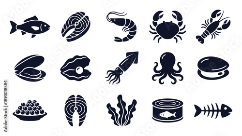 Fish and seafood icon set. Glyph black silhouettes - salmon fillet, shrimp, crab, oyster, squid, mussel, fishbone. Flat vector pictograms