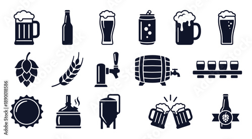 Beer and brewing icon set. Glyph black silhouettes -  mugs, bottles, cans, hops, wheat, tap, barrel, clinking glasses. Flat vector pictograms