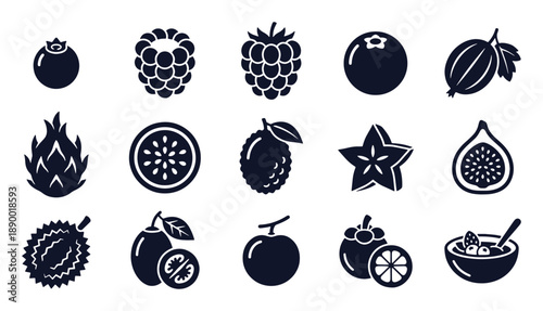 Berries and exotic fruit icon set. Glyph black silhouettes - blueberry, raspberry, starfruit, durian, tamarillo, mangosteen. Flat vector pictograms