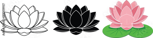 A visual representation displays three distinct lotus flower variations a line drawing a filled black silhouette and a colored pink bloom