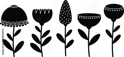a minimalist illustration depicting five distinct black floral silhouettes with varying shapes and textures set against a white background high quality