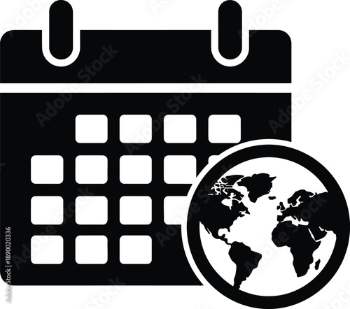 A simple black and white icon depicts a calendar with a world globe integrated within its design symbolizing global scheduling