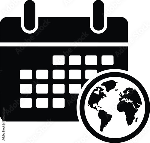 A black and white illustration depicts a calendar with a world globe symbol representing scheduling and global events high quality professional