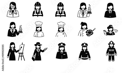 Professional women icons career professions doctor engineer chef artist pilot police firefighter