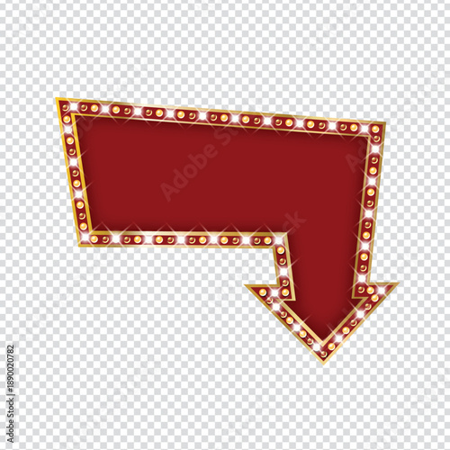 Retro glowing arrow sign with light bulbs pointing downward for casino or marquee advertisement