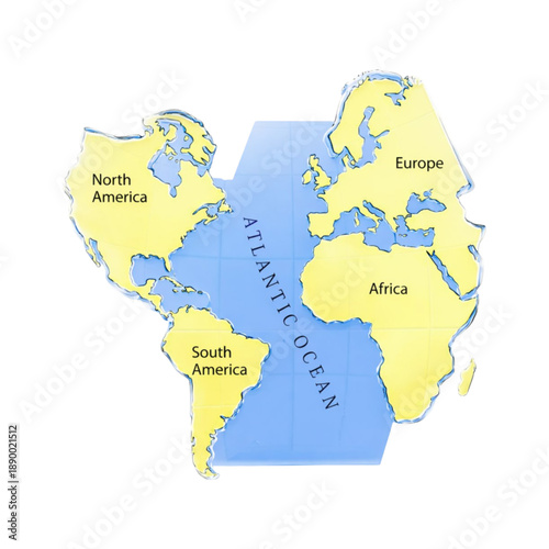 World map 3d glass icon with Atlantic Ocean view