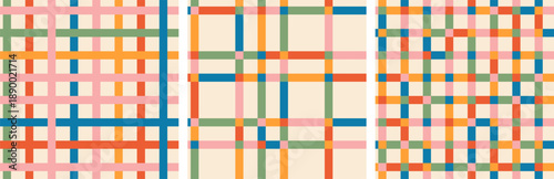 Retro colored checkerboard and stripes seamless pattern collection. Fun colored vintage plaid background. Vector print for holiday, party, birthday, invitation