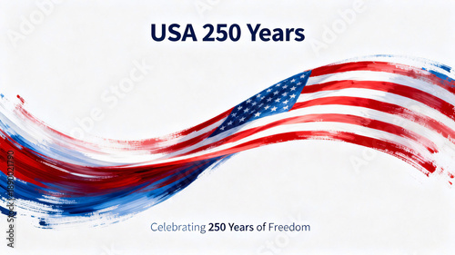 Minimal expressive background celebrating USA two hundred fifty years anniversary, featuring a dynamic flag wave like a brushstroke with modern patriotic realism
