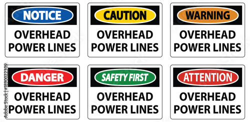 Warning and Safety Signs for Overhead Power Lines Displaying Caution Messages